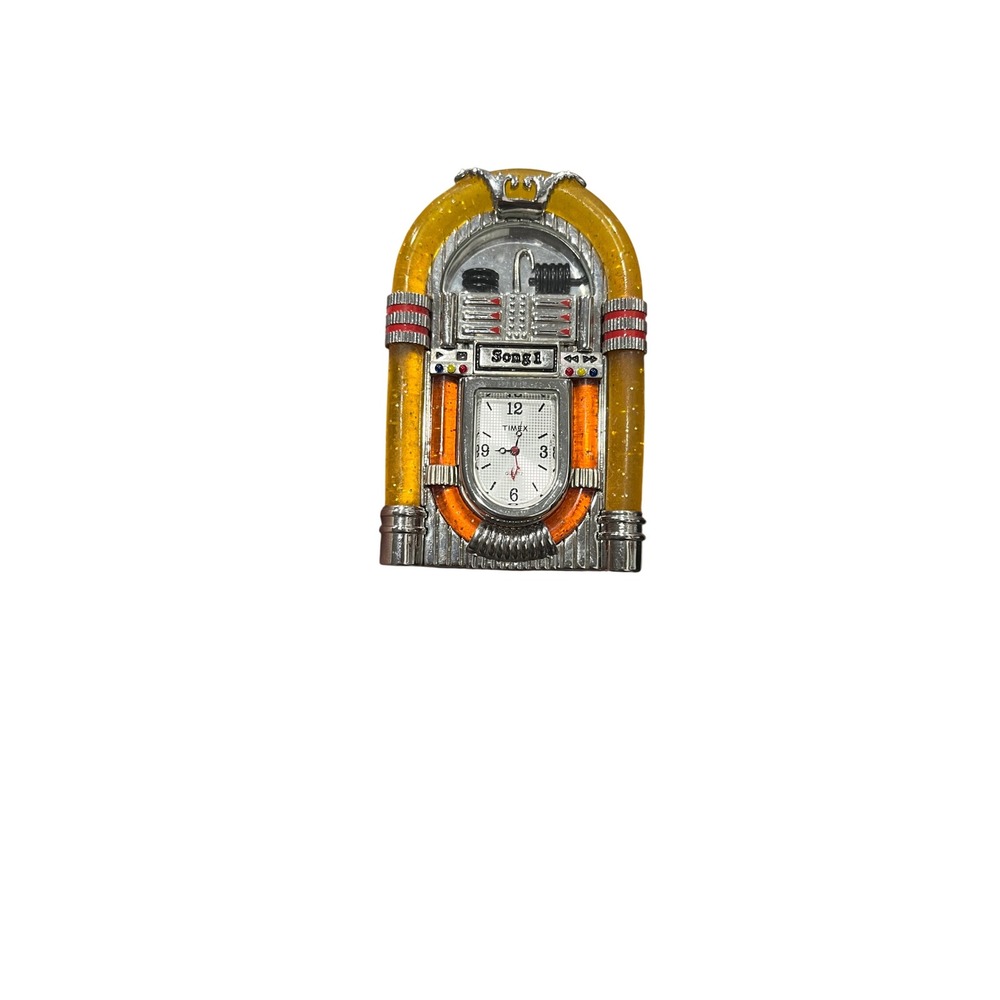 Vintage Timex Miniature Jukebox Desk‎ Clock Retro Silver Tone Yellow Resin Decor